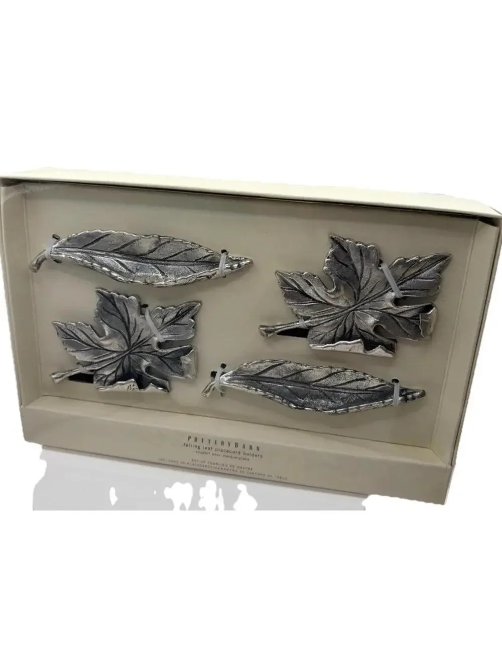 Pottery Barn Autumn Falling Leaf Place Card Holders Set Of 4 New In Box Silver